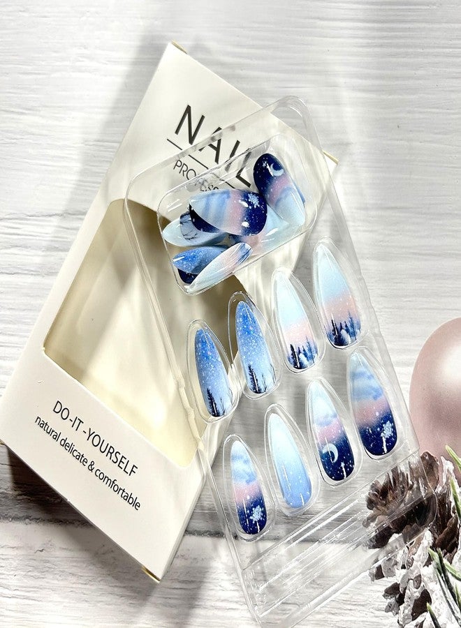 CJDLTS Christmas Press on Nails Medium Almond Shaped White Snowflake Moon Stars Design Xmas False Nail Full Cover Glossy with Glitter Winter Stick on Nail Artificial Acrylic Glue on Nails for Women 24Pcs - Image 4